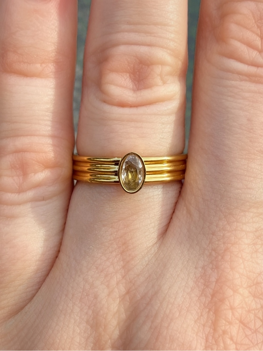 Modern Waterproof Gold Ribbed Oval Stone Ring | Size 6